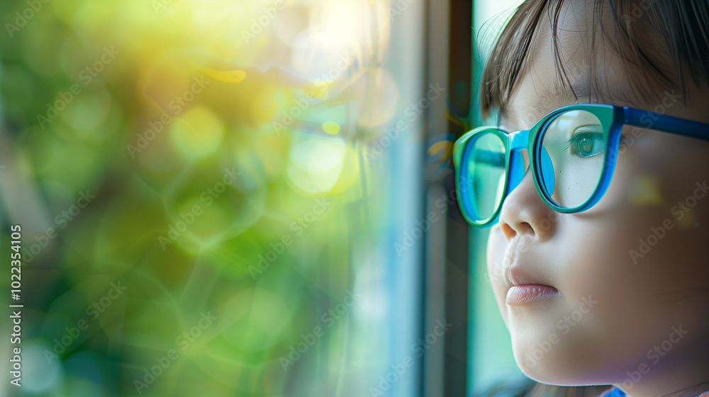 Young child wearing blue glasses focusing on distant tree outside window, symbolizing myopia prevention and importance of outdoor activities. Young child wearing blue glasses focusing on distant tree outside window, symbolizing myopia prevention and importance of outdoor activities.