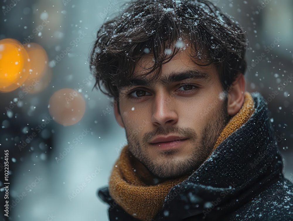 man with short dark hair stands confidently in a snowy city landscape during daylight, embodying resilience and strength against a serene winter backdrop filled with glistening snowflakes man with short dark hair stands confidently in a snowy city landscape during daylight, embodying resilience and strength against a serene winter backdrop filled with glistening snowflakes