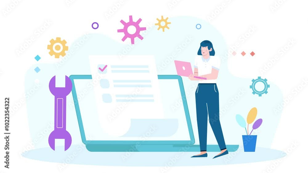 illustration of a businesswoman using a laptop surrounded by abstract gears and checklist icons representing analysis and productivity animated video illustration of a businesswoman using a laptop surrounded by abstract gears and checklist icons representing analysis and productivity animated video