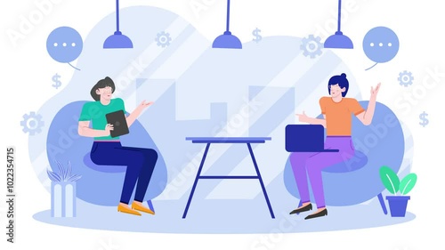 Illustration of two colleagues engaging in a business discussion in a modern office animated video
