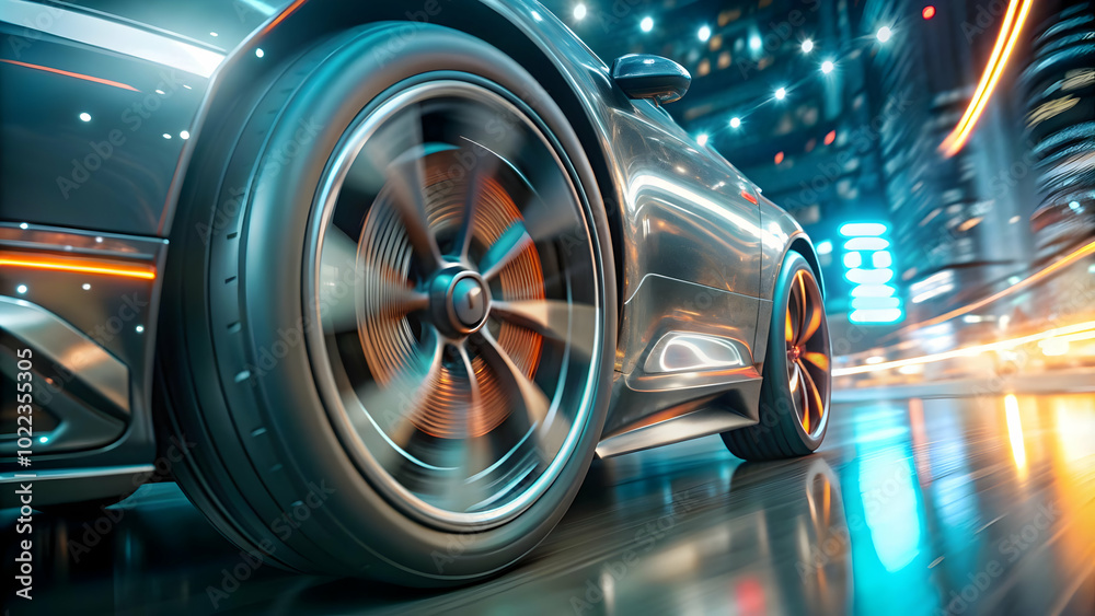 Futuristic Car Wheel Spinning Rapidly in Macro Shot: Glowing Accents Symbolizing Speed and Innovation in High-Tech Automotive Design Futuristic Car Wheel Spinning Rapidly in Macro Shot: Glowing Accents Symbolizing Speed and Innovation in High-Tech Automotive Design