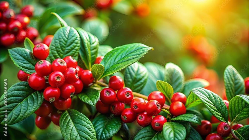 A vibrant cluster of red berries nestled amongst lush green leaves, bathed in the warm glow of the setting sun. A vibrant cluster of red berries nestled amongst lush green leaves, bathed in the warm glow of the setting sun.