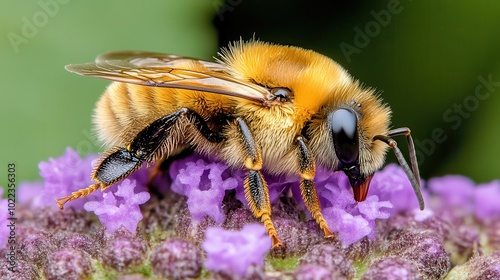 Close-up of a bee collecting nectar from a purple flower.