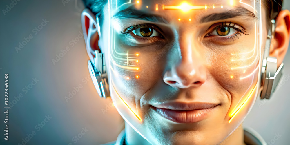 Close Up of a Person's Face Illuminated by Futuristic Device Glow Symbolizing Joy and Technological Advancement of Remote Work - Macro Photography Concept Close Up of a Person's Face Illuminated by Futuristic Device Glow Symbolizing Joy and Technological Advancement of Remote Work - Macro Photography Concept