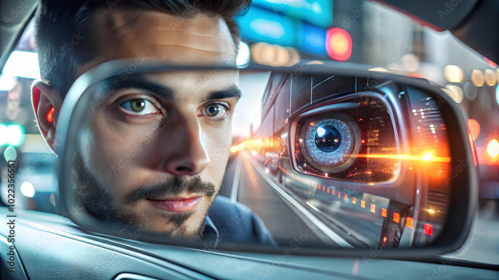 Excited Driver's Eyes Reflected in Futuristic Side Mirror with Real-Time Data - Macro Shot Capturing the Fusion of Emotion and Technology in Modern Driving Experience Excited Driver's Eyes Reflected in Futuristic Side Mirror with Real-Time Data - Macro Shot Capturing the Fusion of Emotion and Technology in Modern Driving Experience