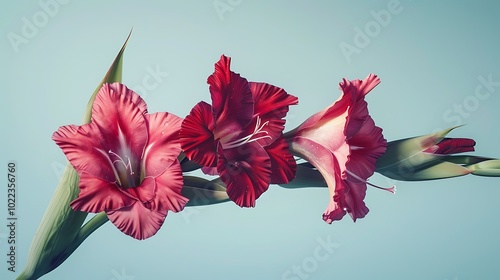 A deep burgundy gladiolus flower isolated on a light blue background. photo