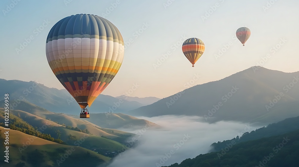 A mesmerizing scene of bright and colorful hot air balloons gliding serenely over mistcovered mountains at sunrise, showcasing the perfect blend of vibrant hues against the ethereal backdrop A mesmerizing scene of bright and colorful hot air balloons gliding serenely over mistcovered mountains at sunrise, showcasing the perfect blend of vibrant hues against the ethereal backdrop