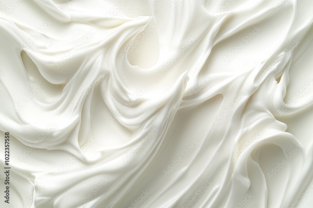 Close-up of thick white cream with elegant swirls showcasing a mousse-like texture for cosmetic product advertising Close-up of thick white cream with elegant swirls showcasing a mousse-like texture for cosmetic product advertising