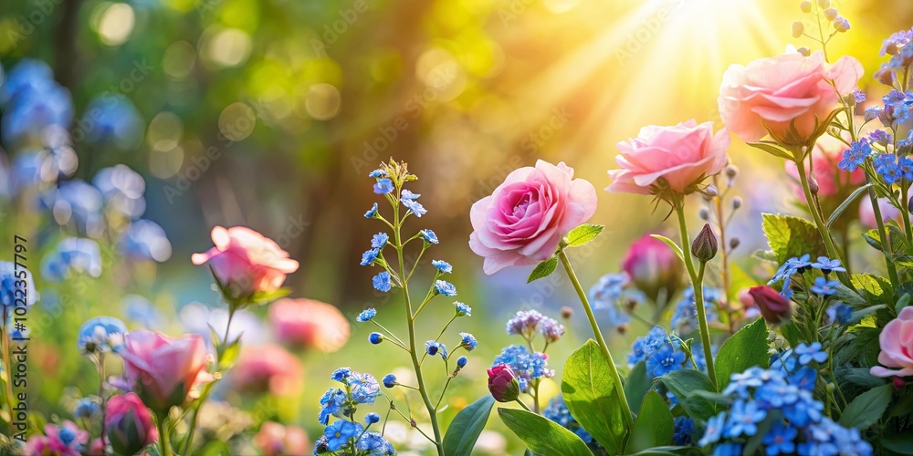 Obraz premium Sunlit Garden Blooms Delicate pink roses and vibrant blue wildflowers bathed in the warm glow of the afternoon sun, creating a scene of natural beauty and serenity.