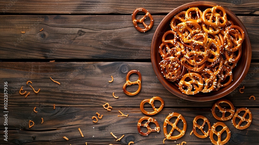 Fototapeta premium Flat Lay Presentation of Delicious Pretzel Crackers and Salty Sticks on a Wooden Table