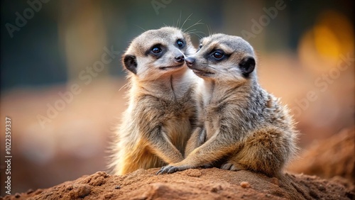 Two Meerkats Sharing a Tender Moment, Their Fur Blending with the Warm Earth Tone Background