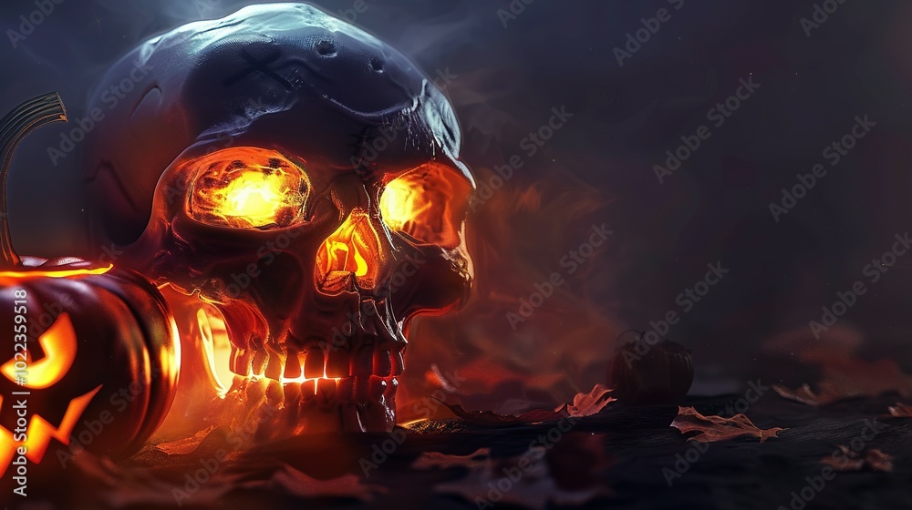 Mysterious Skull with Radiant Eyes and a Pumpkin in Its Mouth: An Iconic Halloween Scene Mysterious Skull with Radiant Eyes and a Pumpkin in Its Mouth: An Iconic Halloween Scene