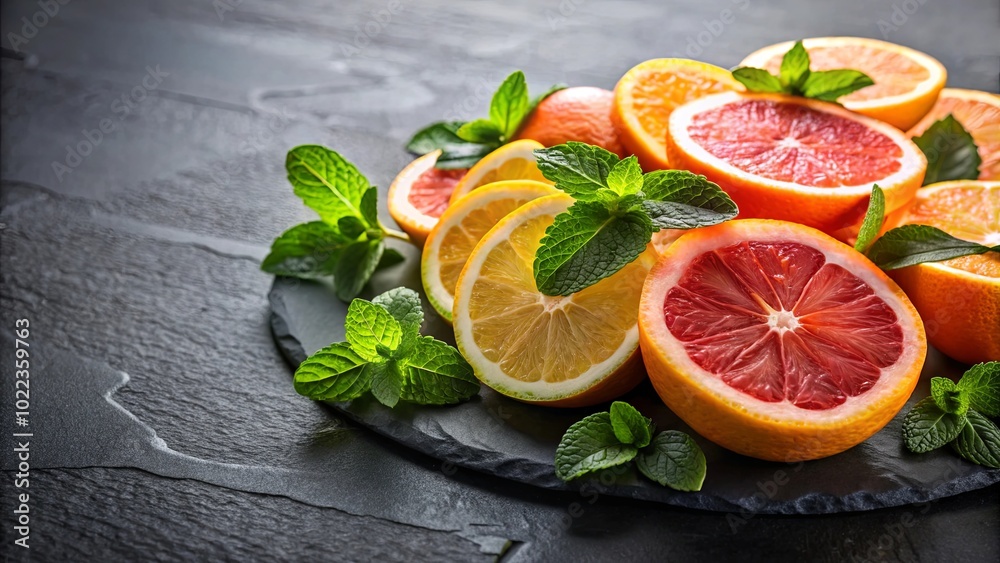A vibrant arrangement of citrus fruits, sliced and adorned with fresh green leaves, creates a visually appealing and invigorating display. A vibrant arrangement of citrus fruits, sliced and adorned with fresh green leaves, creates a visually appealing and invigorating display.