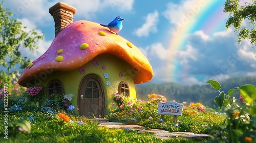 This is a mushroom-shaped house, brightlycolored with pink andyellow dots on the roof. lt issurrounded by green grassand flowers, with a bluebird perched on thechimney and a welcomingsign nearby. photo