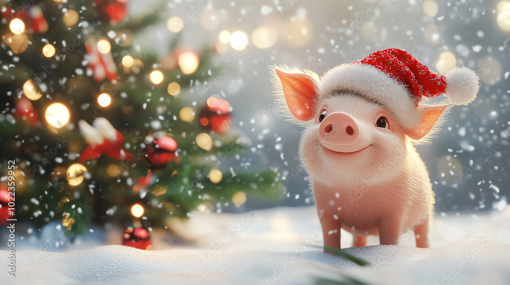 A cheerful pig wearing a Santa hat stands in the snow, surrounded by a beautifully decorated Christmas tree, exuding a festive spirit in a winter wonderland. A cheerful pig wearing a Santa hat stands in the snow, surrounded by a beautifully decorated Christmas tree, exuding a festive spirit in a winter wonderland.