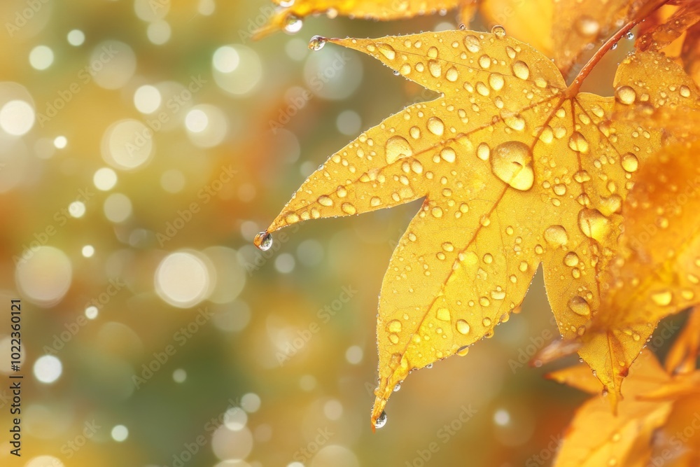 Fototapeta premium Raindrops glisten on vibrant autumn maple leaves in a serene nature setting during the fall season