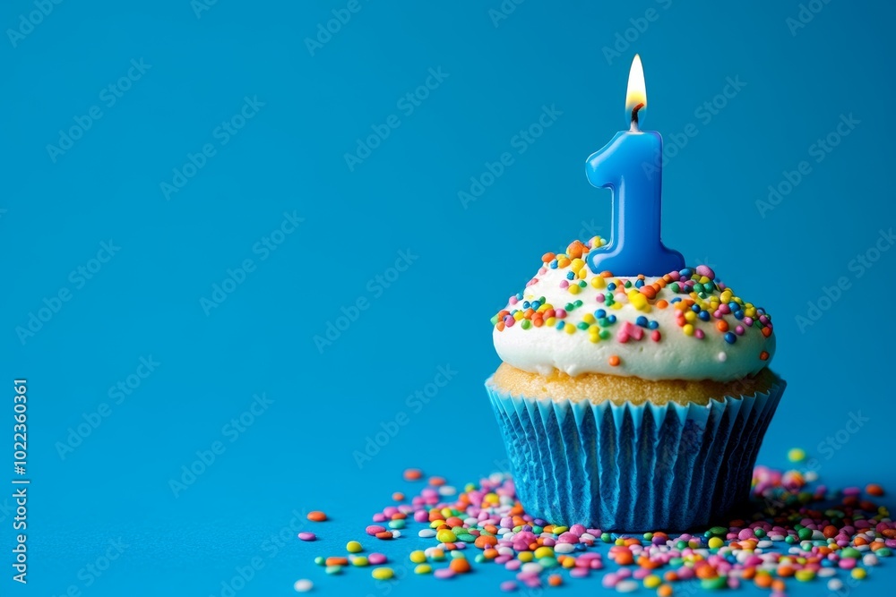 A colorful birthday cupcake with a blue number one candle and sprinkles against a vibrant blue background celebrating a first birthday party A colorful birthday cupcake with a blue number one candle and sprinkles against a vibrant blue background celebrating a first birthday party