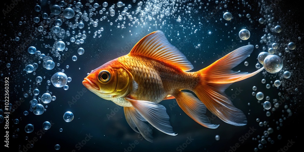 A Vivid Orange Fish Swims Amidst a Cloud of Shimmering Bubbles, a Moment of Tranquility in the Aquatic Realm A Vivid Orange Fish Swims Amidst a Cloud of Shimmering Bubbles, a Moment of Tranquility in the Aquatic Realm