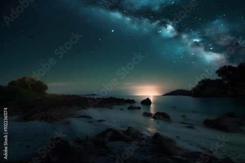 Milky Way over the sea at night. Long exposure photograph.