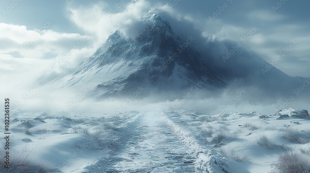 Snowy Mountain Path: A Serene Winter Landscape Snowy Mountain Path: A Serene Winter Landscape