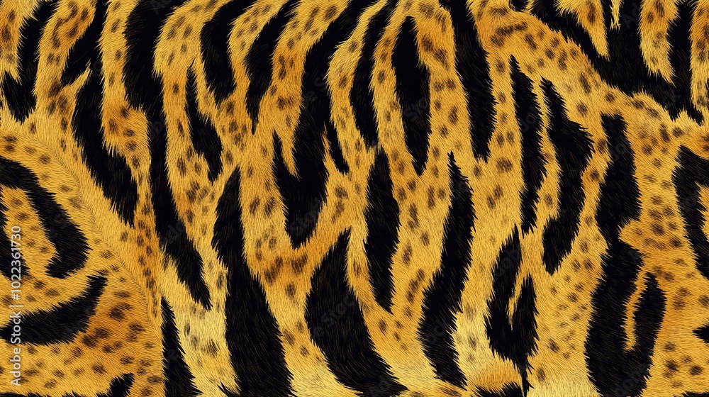 Fototapeta premium A seamless design featuring a realistic tiger skin pattern, capturing the bold, striking stripes and natural texture of the tiger's fur. The pattern is repetitive and continuous,