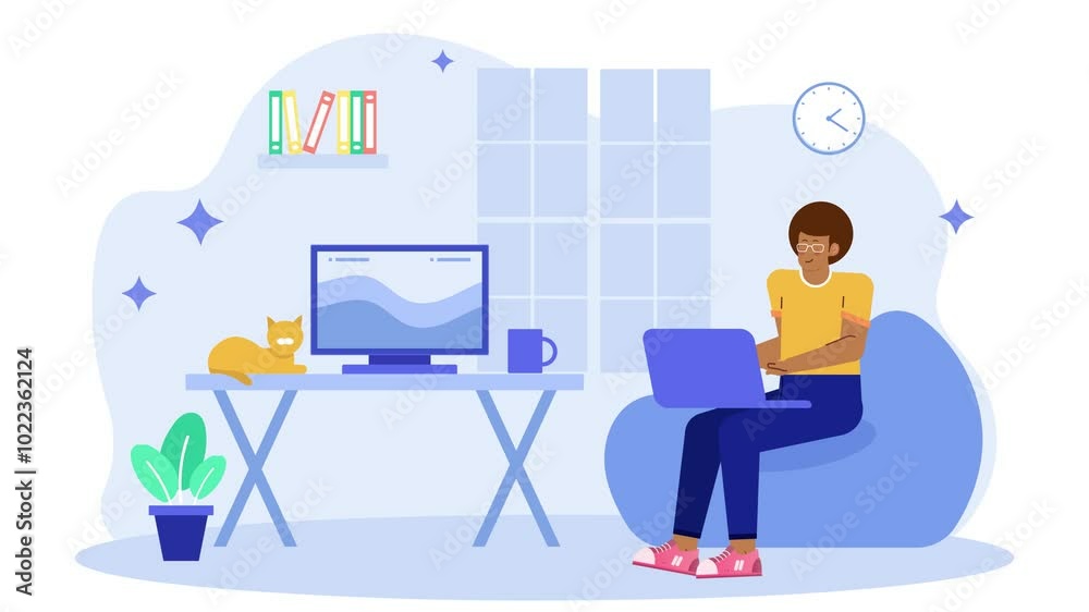 a relaxed home office setup with a freelancer using a laptop illustration animated video