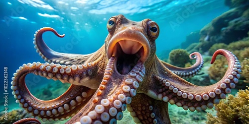 A Curious Cephalopod Gazes Upwards With Its Mouth Agaped, Its Tentacles Wrapped Around a Coral Reef photo