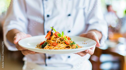 Chef Holding Beautifully Arranged Gourmet Plate, Satisfied Smile, Symbolizing High Food Expectations, Softly Blurred Background.