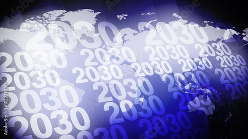 New year 2030 world map background displaying annual calendar with creative typography and futuristic graphics