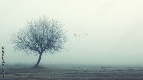 Solitary Tree in a Foggy Field with Birds Flying Overhead