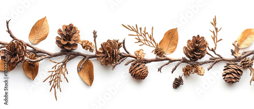 brown garland decoration for christmas. brown garland decoration on white background. pine tree branch  twig and shoot decoration