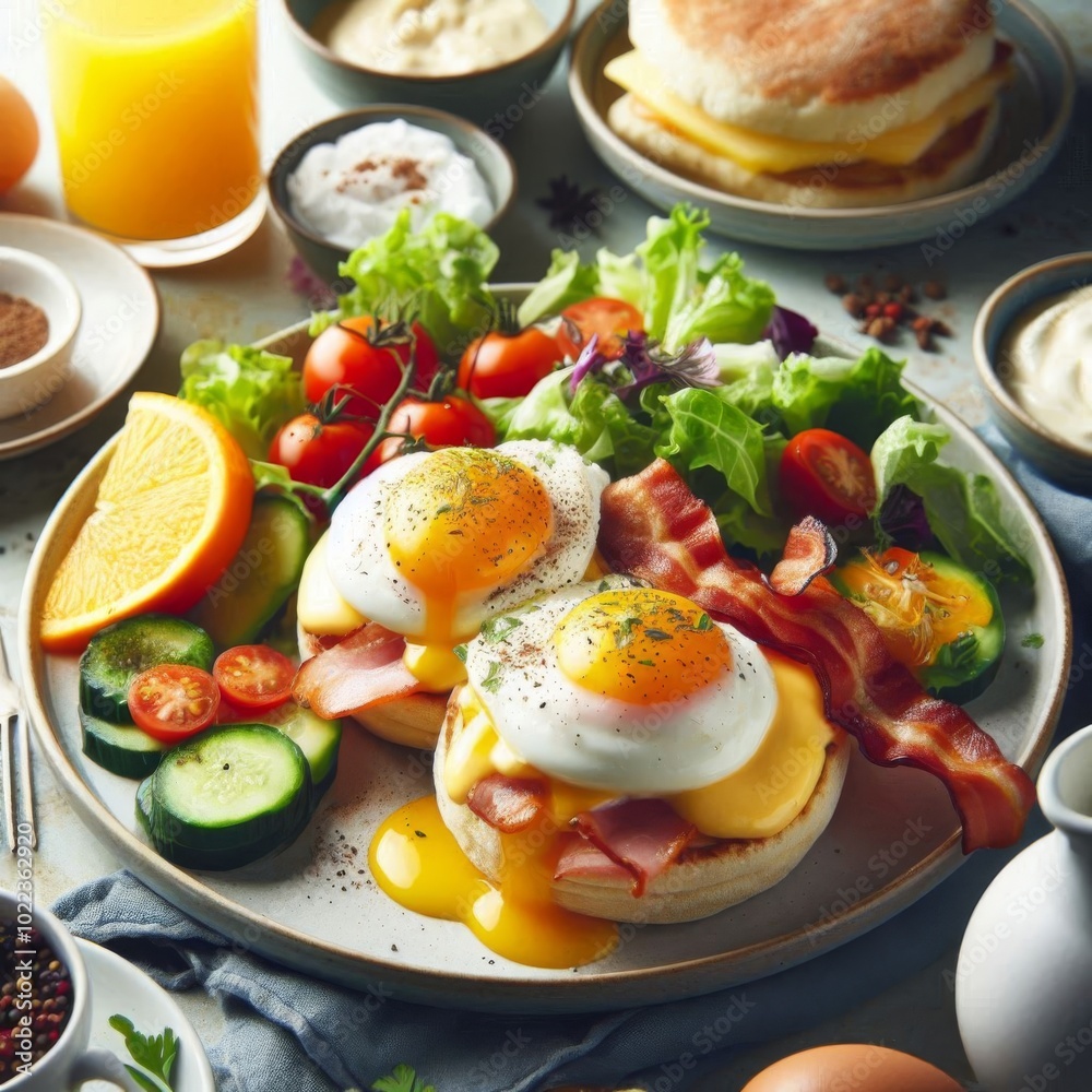 Enjoyable Brunch with Benedict Eggs, English Muffin, Bacon, and Salad, Perfect Morning Meal Enjoyable Brunch with Benedict Eggs, English Muffin, Bacon, and Salad, Perfect Morning Meal