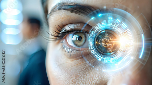 Macro Image of a Person's Eye Reflecting a Futuristic Holographic Screen - Close Up Photography Capturing Intricate Details of Remote Work Technology