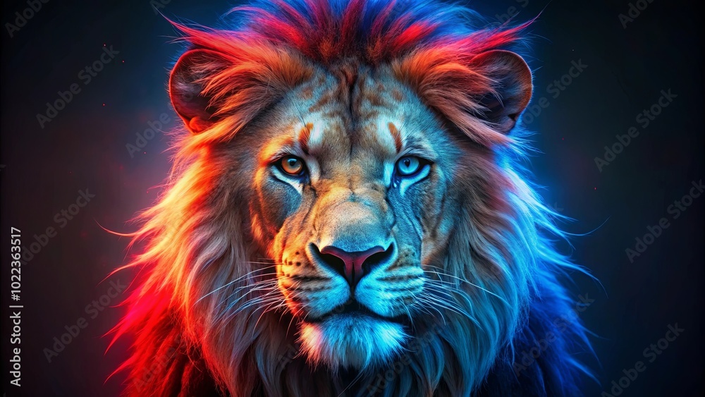 Fototapeta A majestic lion's gaze, captured in a vibrant spectrum of red and blue hues, exudes an aura of power and regality.