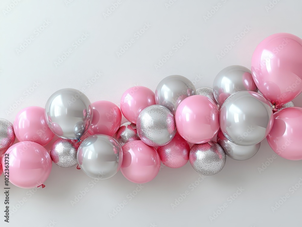pink and silver balloons create a festive border on a clean white background, leaving a central area blank for event announcements or celebrations, conveying joy and festivity pink and silver balloons create a festive border on a clean white background, leaving a central area blank for event announcements or celebrations, conveying joy and festivity