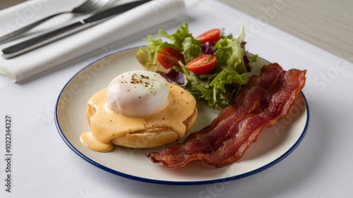 Enjoyable Brunch with Benedict Eggs, English Muffin, Bacon, and Salad, Perfect Morning Meal photo