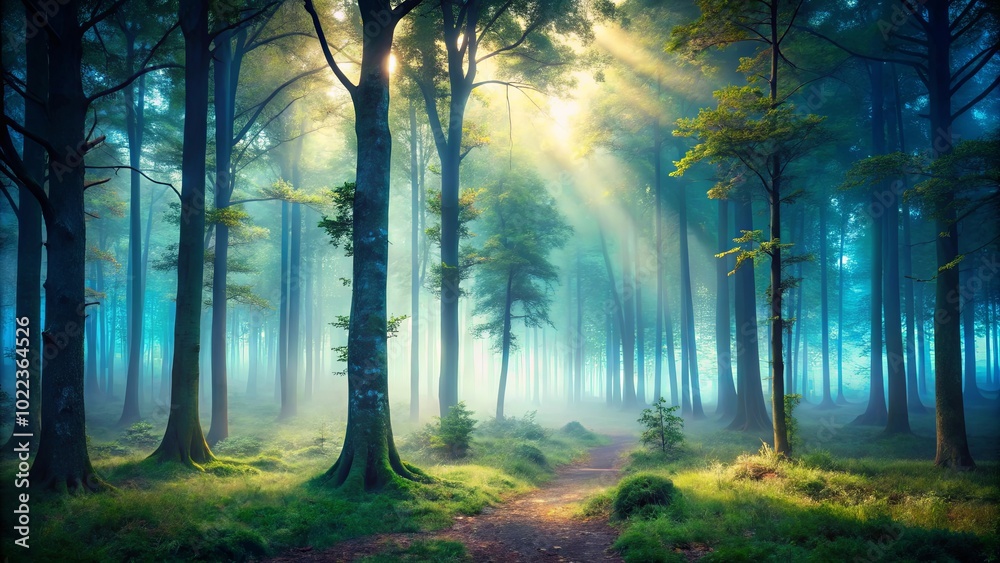 Sunlight Pierces Through a Mystical Forest, Casting a Serene Glow on the Lush Green Undergrowth and Winding Path Sunlight Pierces Through a Mystical Forest, Casting a Serene Glow on the Lush Green Undergrowth and Winding Path