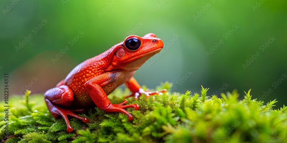 A vibrant red amphibian perched atop a bed of verdant moss, its bright eyes gleaming with an alert presence. A vibrant red amphibian perched atop a bed of verdant moss, its bright eyes gleaming with an alert presence.