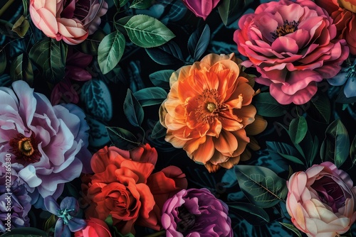 A stunning arrangement of large, colorful flowers contrasts beautifully with a deep black background, showcasing their vibrant hues. Generative AI