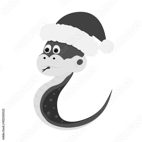 Snake in Santa had Cute character Symbol 2025 in grayscale. Christmas Christmas design element idea