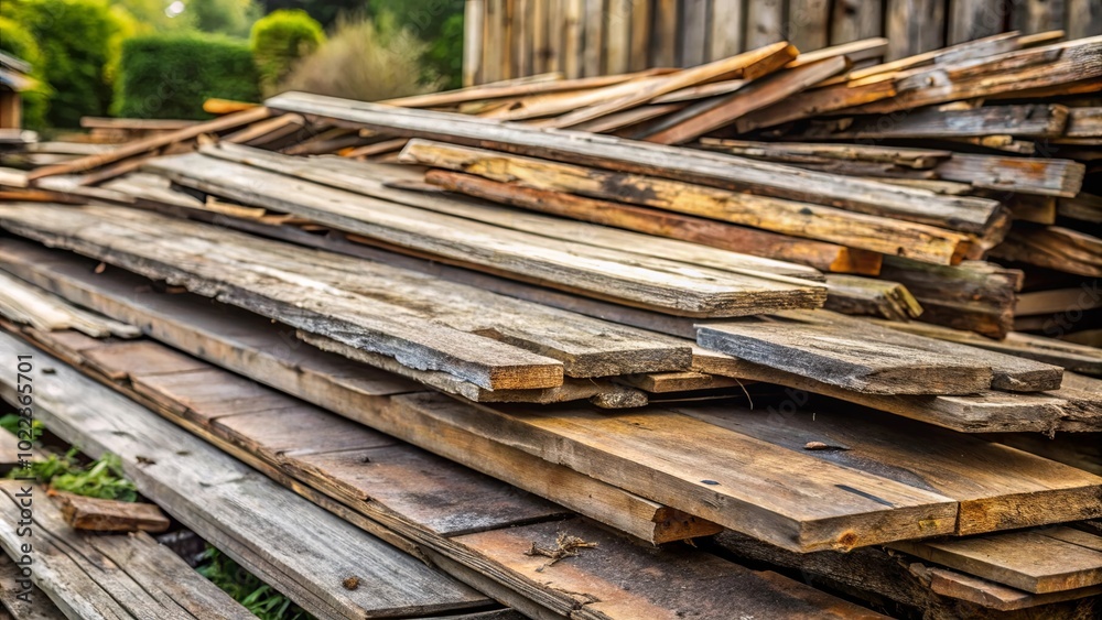 A Stack of Weathered Wooden Planks, Each with a Unique History, Showcasing the Natural Beauty of Time and Weather A Stack of Weathered Wooden Planks, Each with a Unique History, Showcasing the Natural Beauty of Time and Weather