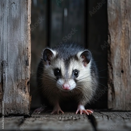 opossum isolated on wooden background