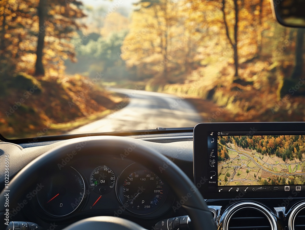A view from the driver's seat of a car, showing a winding road through a forest. A view from the driver's seat of a car, showing a winding road through a forest.