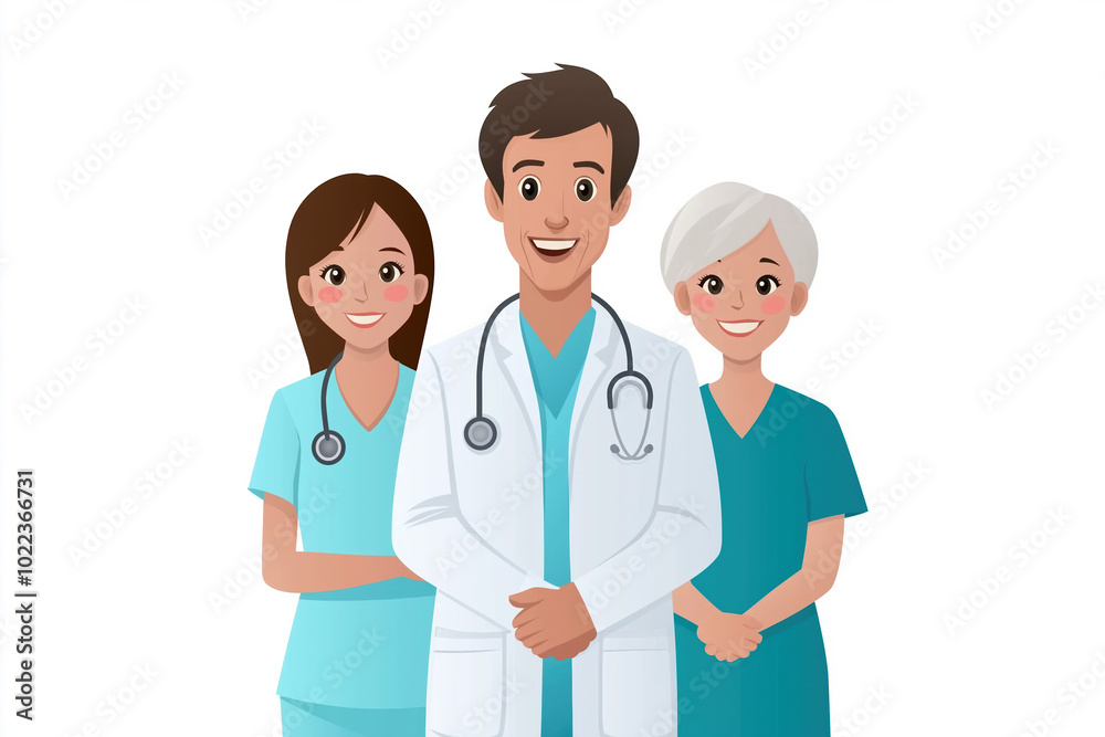 Cheerful healthcare team posing in medical scrubs Cheerful healthcare team posing in medical scrubs