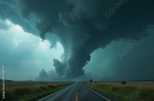 A dramatic storm cloud formation looms over an open road in a rural landscape during the late afternoon hours