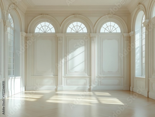 pristine empty white paneling wall background with classic design, complemented by light-colored floors, creating a refined mock-up space for versatile uses in design and presentation