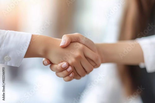 Close-up of a young business woman shaking hands with a financial manager in an office, focusing on the handshake concept