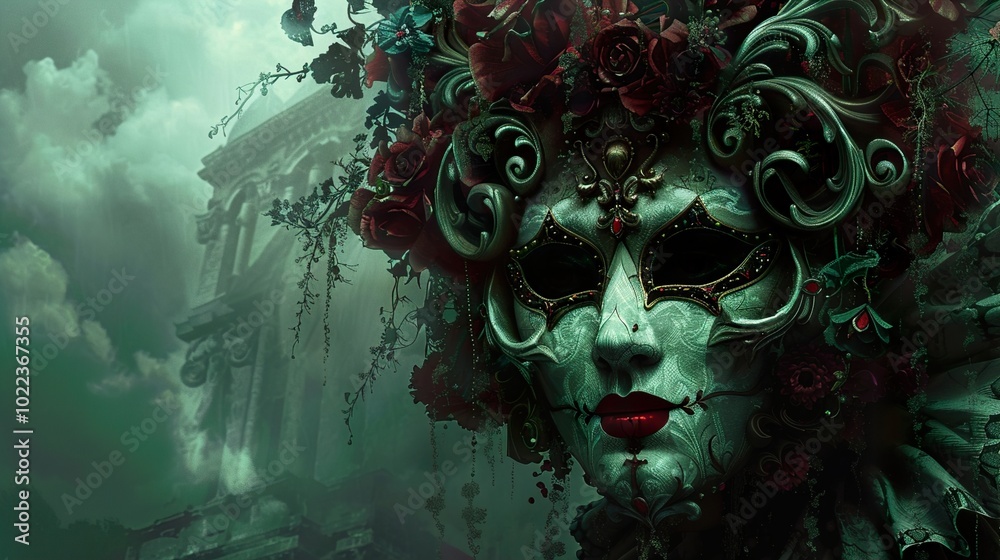 Venetian Mask with Floral Accents: A Surreal Portrait Venetian Mask with Floral Accents: A Surreal Portrait