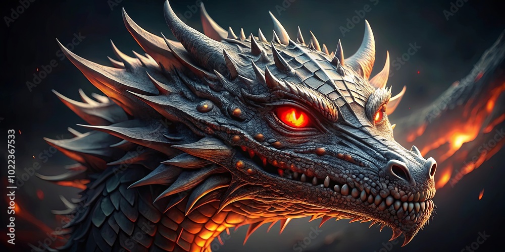 A Fierce Dragon With Glowing Red Eyes Gazes Intensely, Its Scales Shimmering With a Metallic Sheen, Against a Backdrop of Swirling Flames. A Fierce Dragon With Glowing Red Eyes Gazes Intensely, Its Scales Shimmering With a Metallic Sheen, Against a Backdrop of Swirling Flames.
