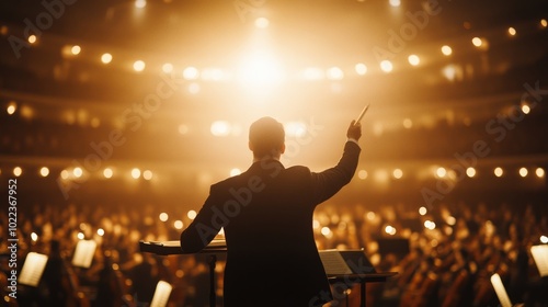 Elegant symphony orchestra playing in a circular formation, conductor passionately leading from the center, every note in harmony, soft spotlights illuminating the scene